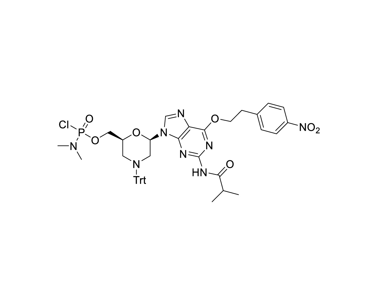 Chemical structure of O6-NPE-N2-iBu protected guanine PMO monomer