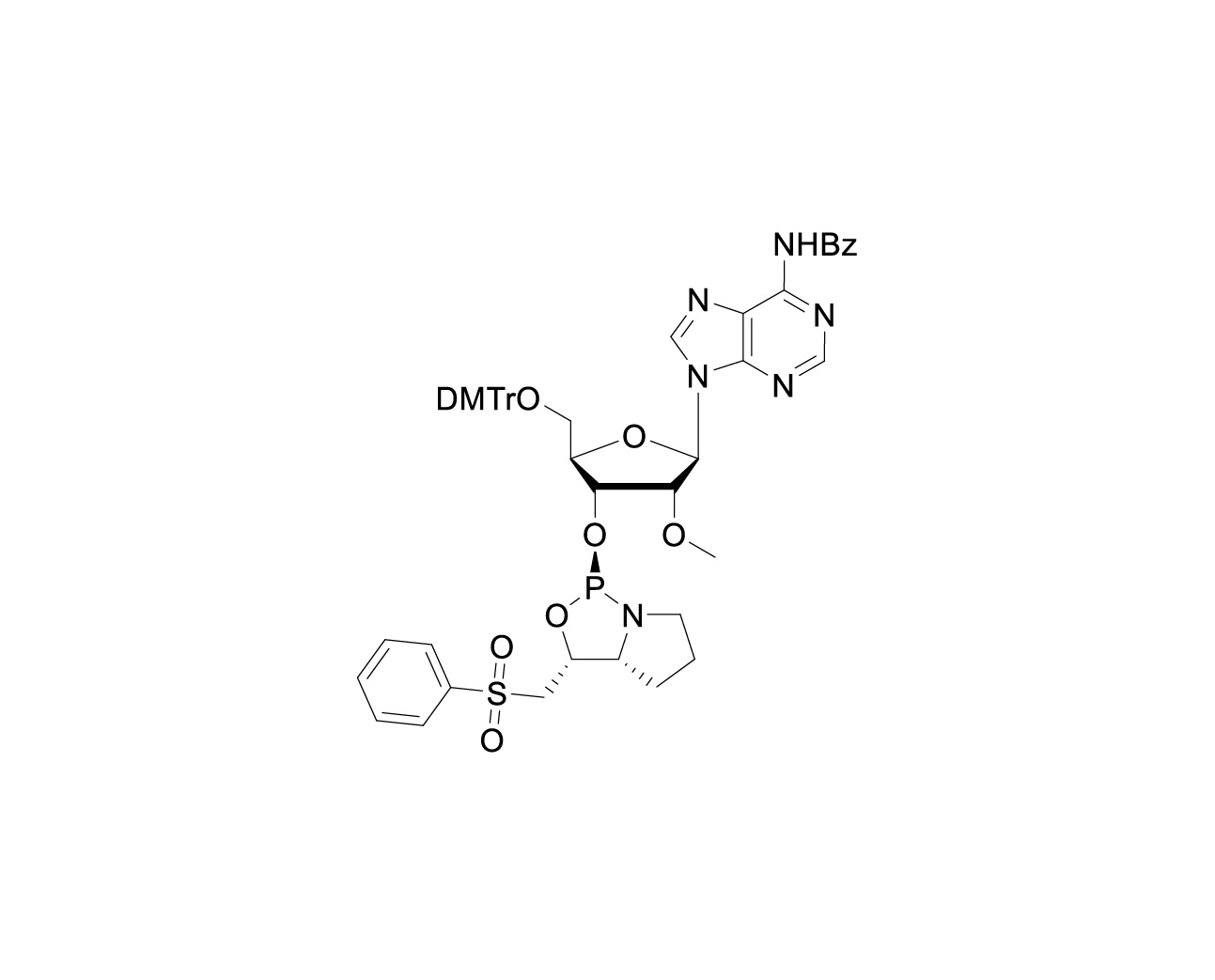Chemical structure of 5'-O-DMTr-2'-O-Me-N6-benzoyladenosine-3'-(D)-PSM phosphoramidite