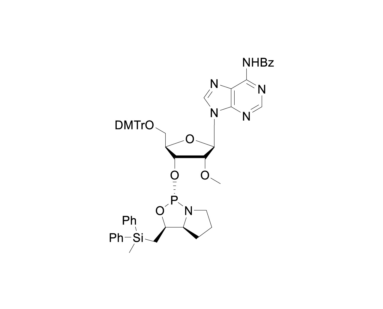 Chemical structure of DMTr-2'-O-Me-rA(Bz)-3'-(L)-DPSE-Phosphoramidite
