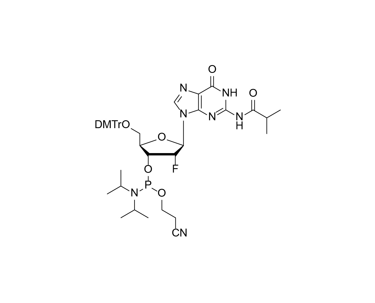 Chemical structure of DMTr-2'-F-dG(iBu)-3'-CE-Phosphoramidite