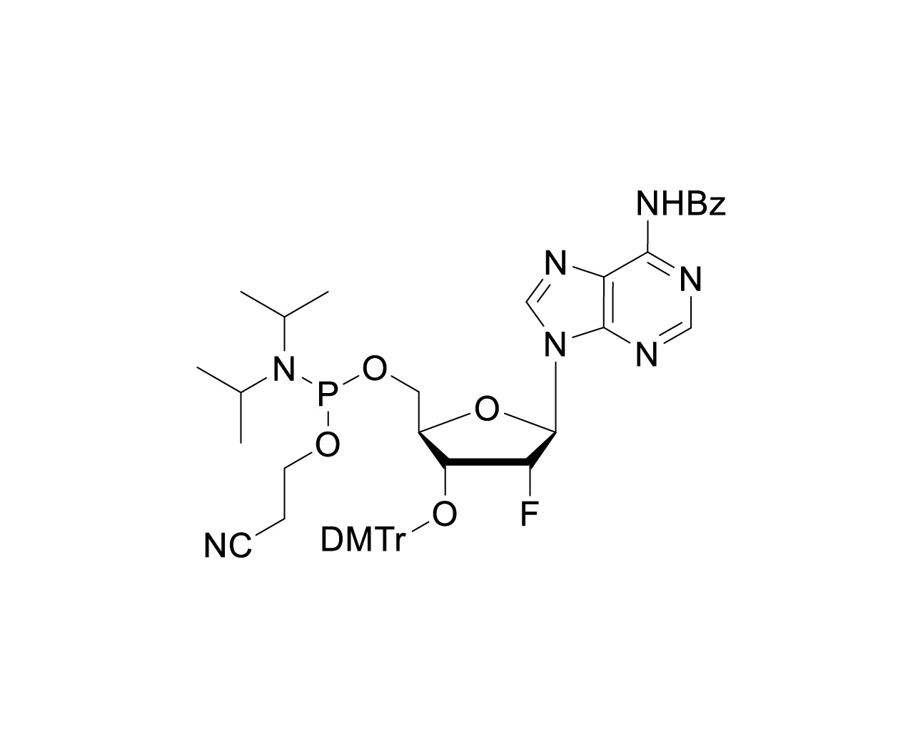 Chemical structure of reverse-orientation 2'-fluoro-dA(Bz) phosphoramidite