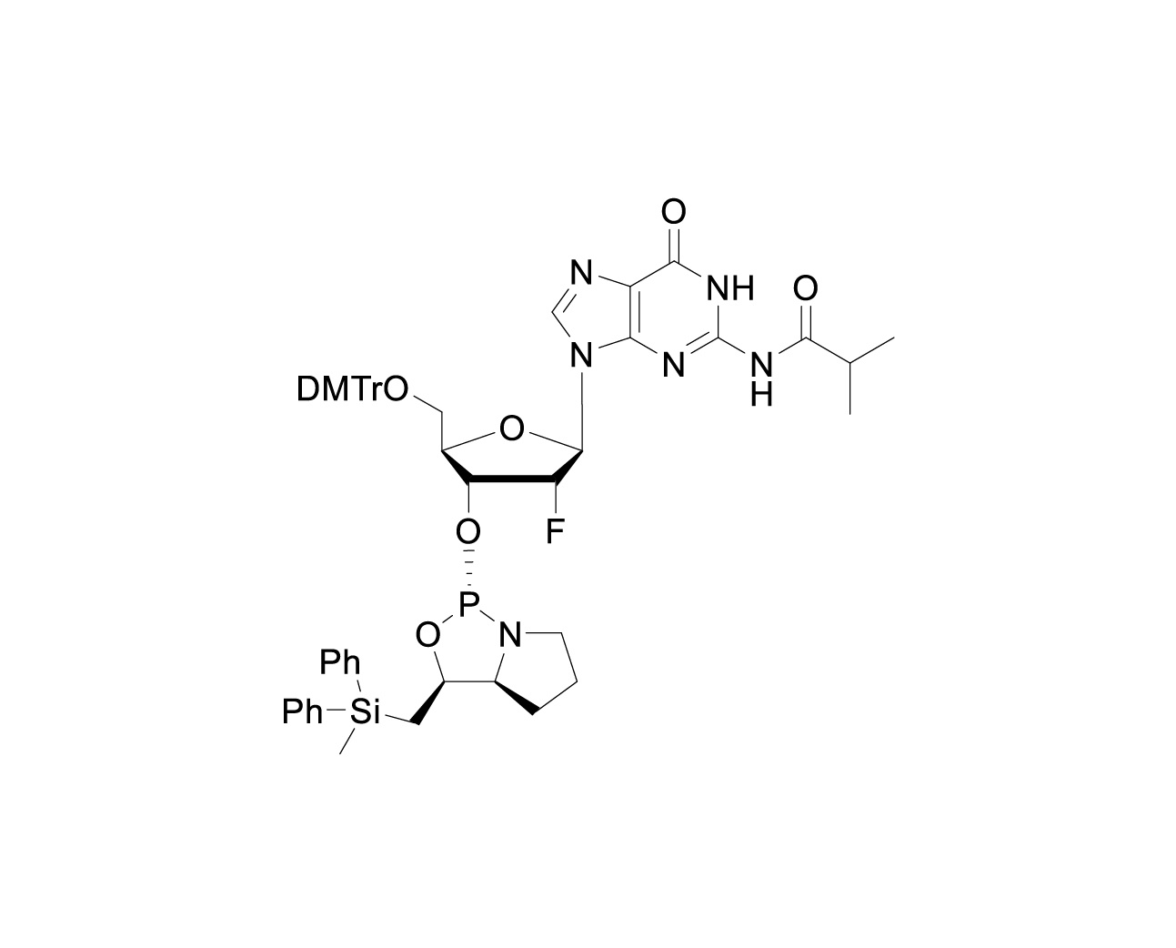 Chemical structure of DMTr-2'-F-dG(iBu)-3'-(L)-DPSE-Phosphoramidite