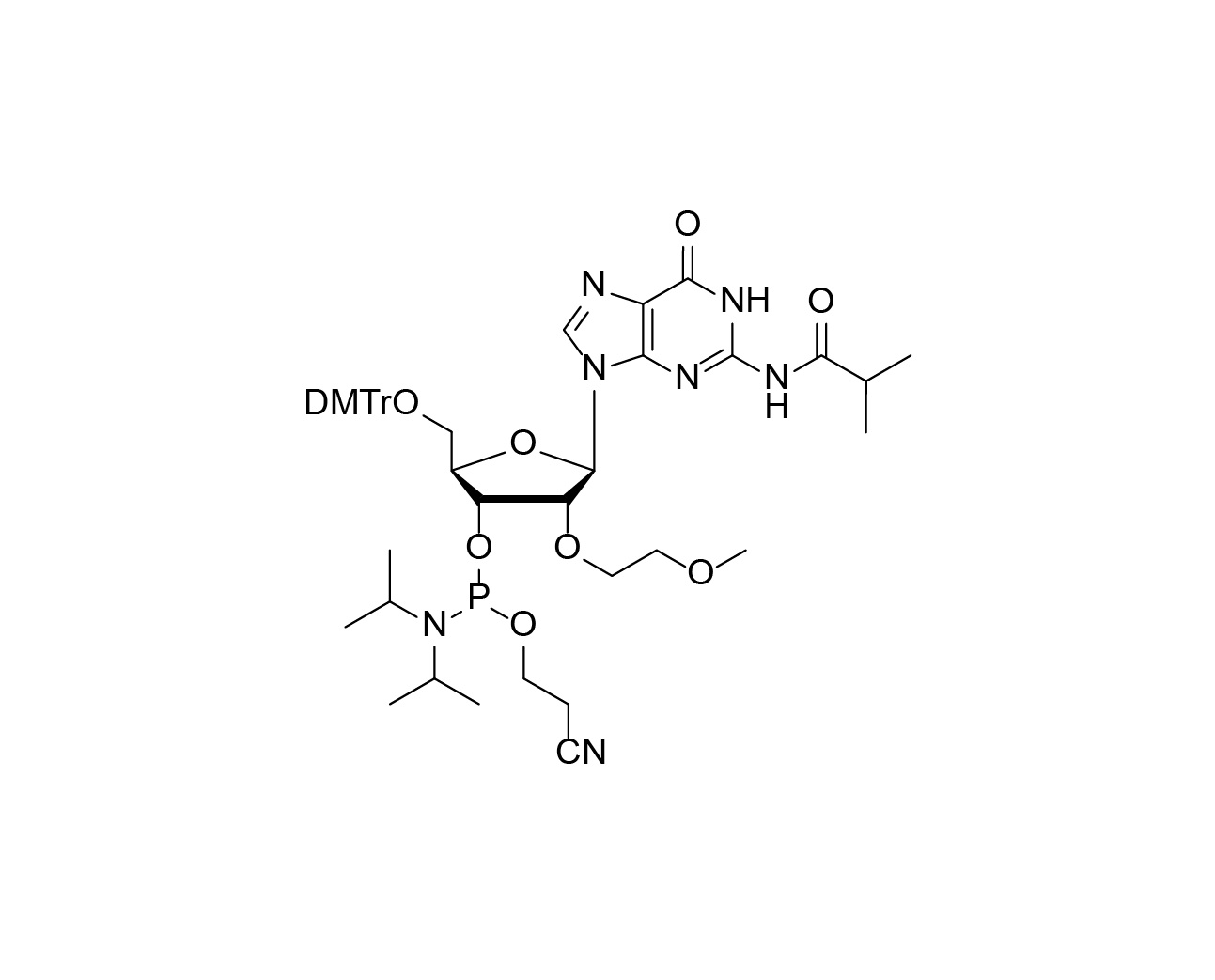 Chemical structure of DMTr-2'-O-MOE-rG(iBu)-3'-CE-Phosphoramidite