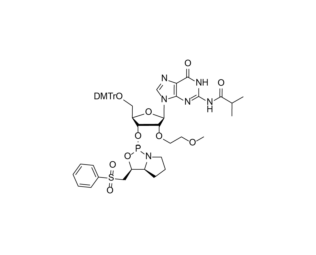 Chemical structure of DMTr-2'-O-MOE-rG(iBu)-3'-(L)-PSM-Phosphoramidite