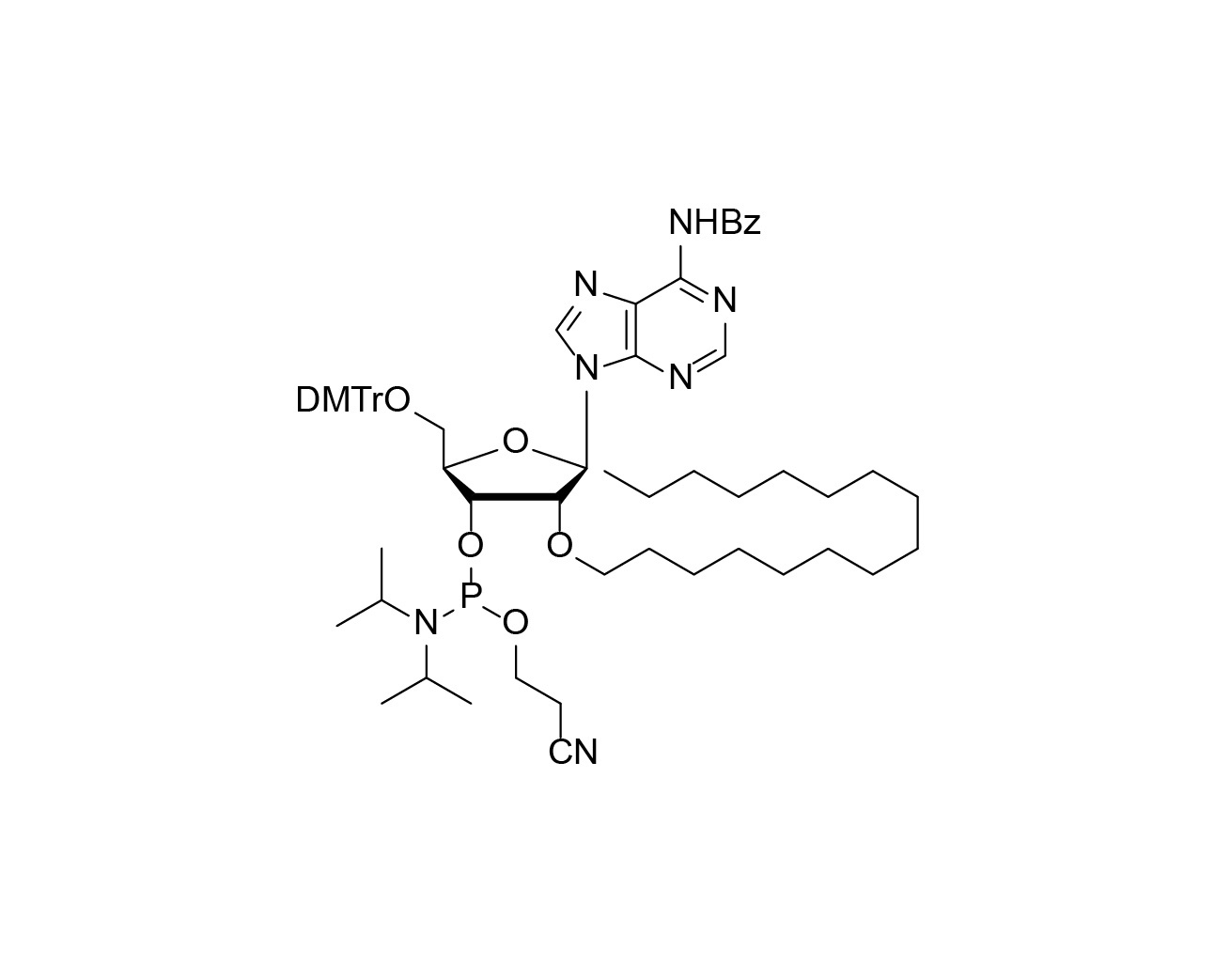 Chemical structure of DMTr-2'-O-C16-rA(Bz)-3'-CE-Phosphoramidite