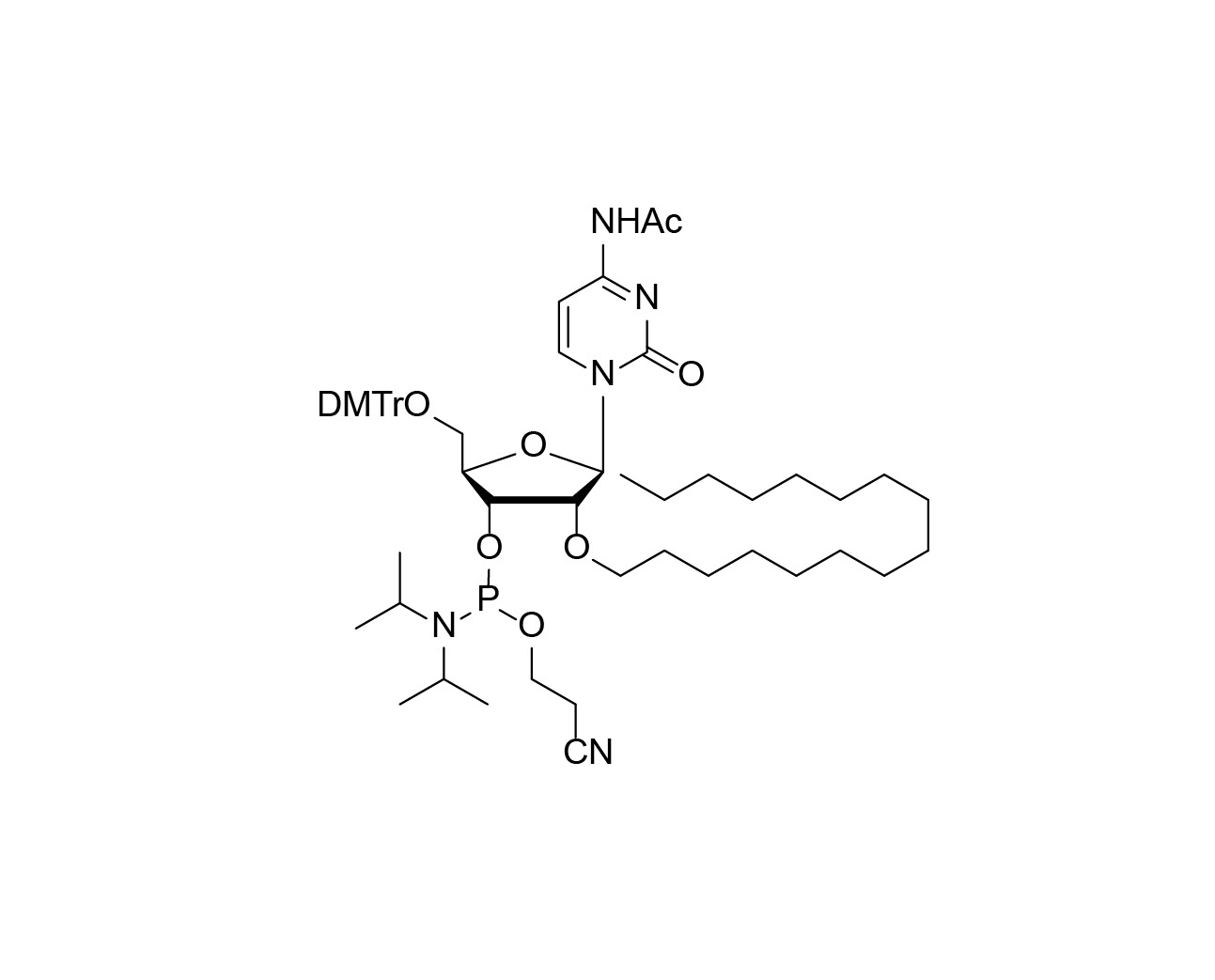 Chemical structure of DMTr-2'-O-C16-rC(Ac)-3'-CE-Phosphoramidite
