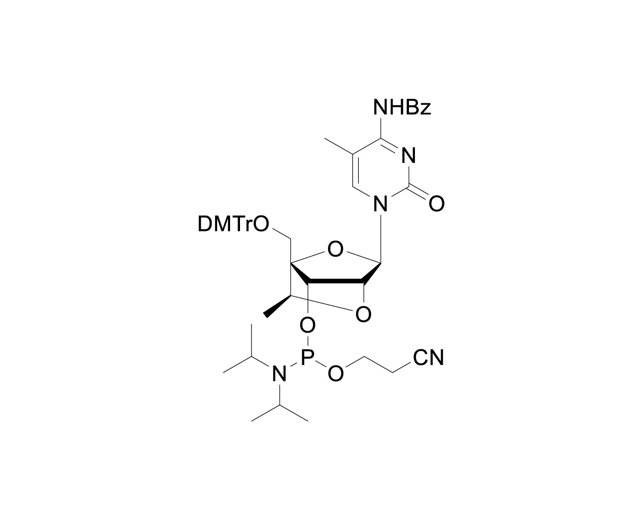 Chemical structure of DMTr-S-cEt-5-Me-rC(Bz)-3'-CE-Phosphoramidite