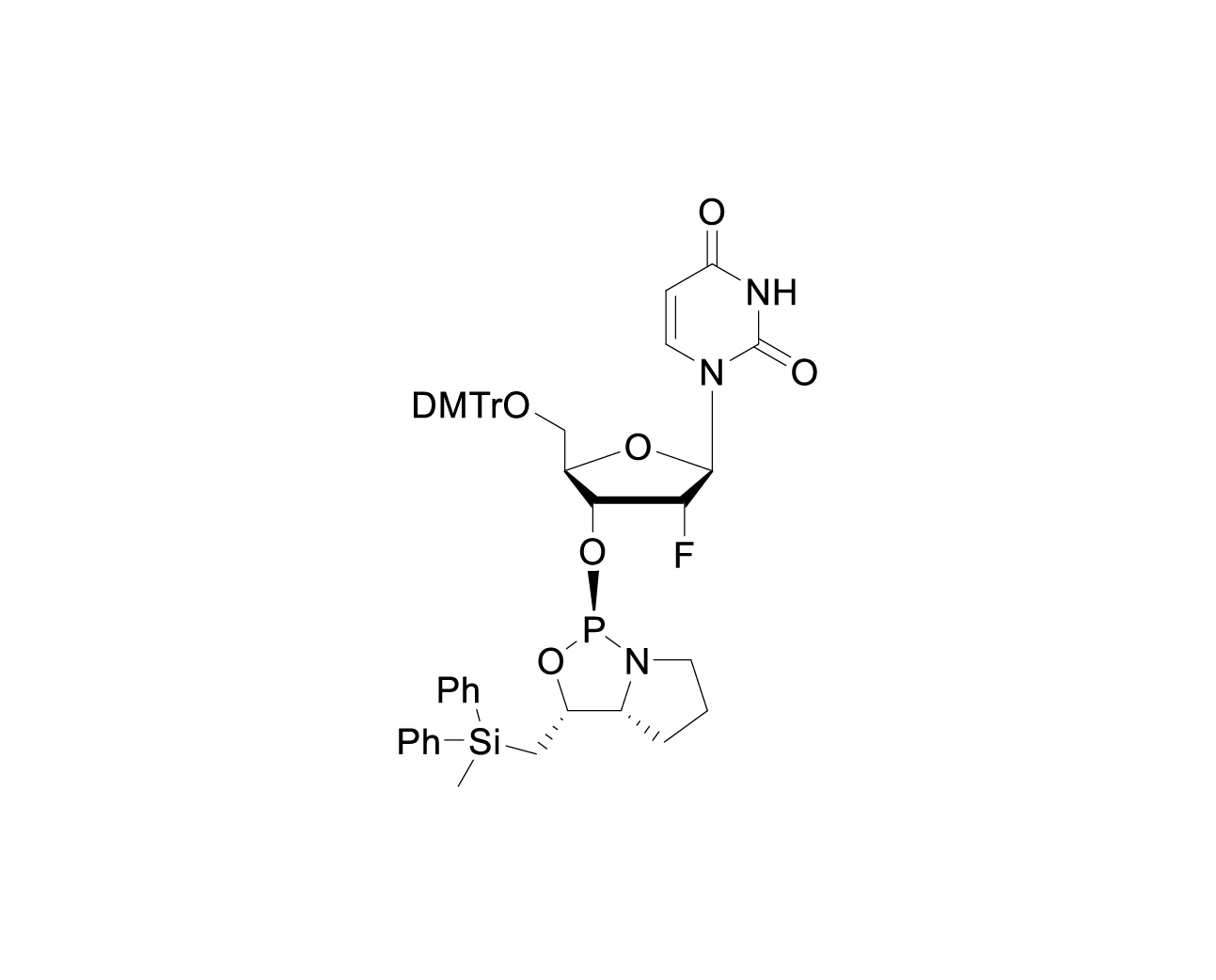 Chemical structure of DMTr-2'-F-dU-3'-(D)-DPSE-Phosphoramidite