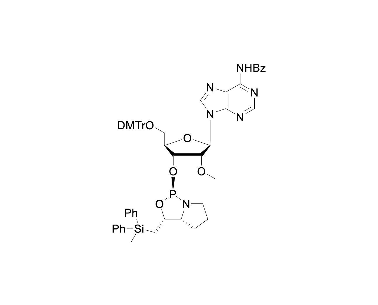Chemical structure of 5'-O-DMTr-2'-O-Me-N6-benzoyladenosine-3'-(D)-DPSE phosphoramidite